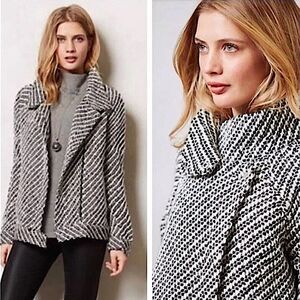 Second Female Petra Jacket M Black White Wool Blend Textured Open Front Coat